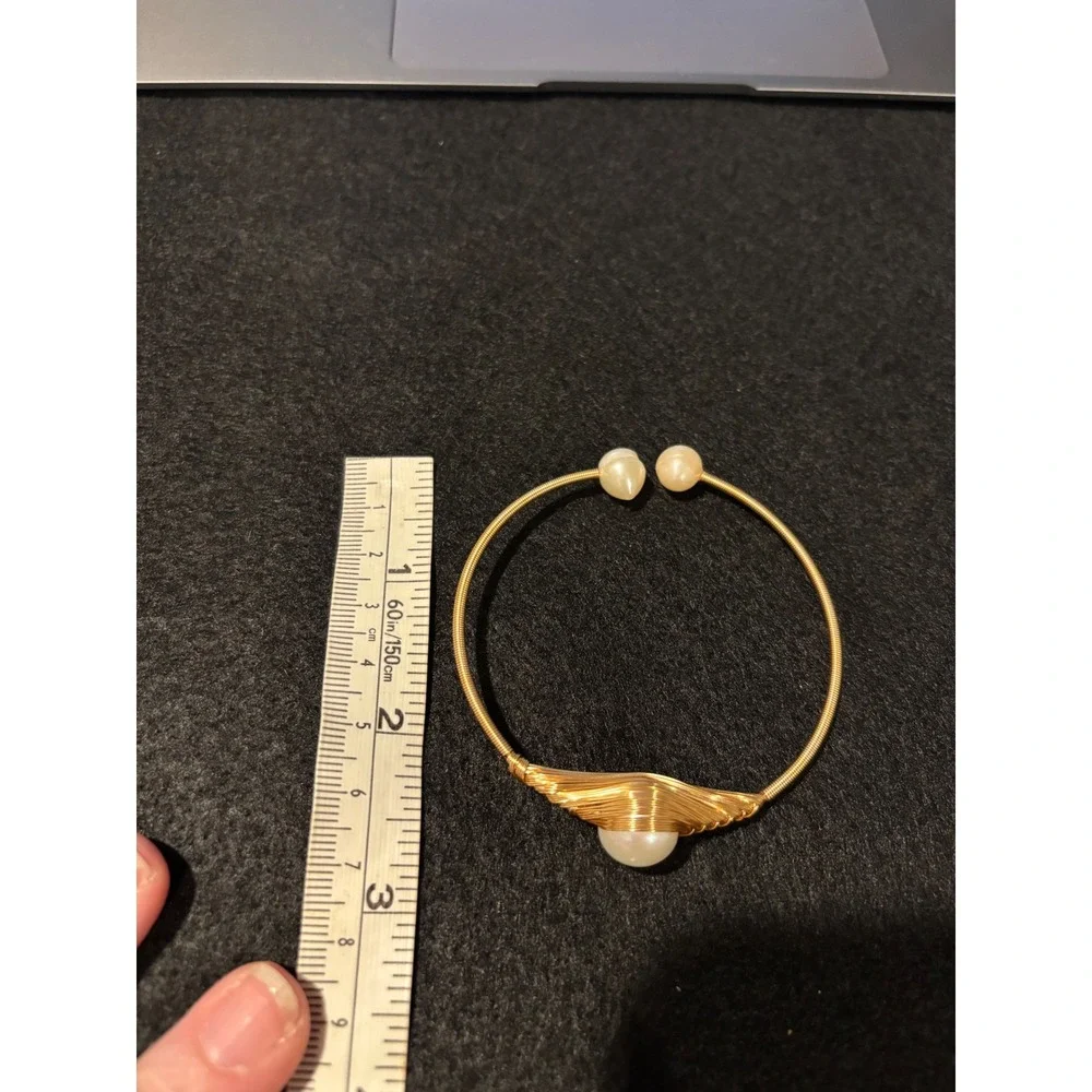 Handmade Gold Wire Wrapped Pearl Cuff Bracelet Open Bangle Cream Pearl Accent